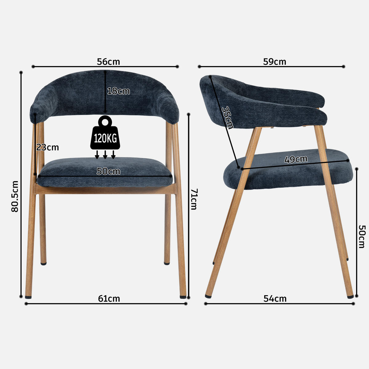 ESSZIMMERSTÜHLE 2er-Set, gepolstert, Chenille, Metallbeine in Holzoptik, Blau - Blau, Textil (61/80.5/59cm) - Meubles Cosy