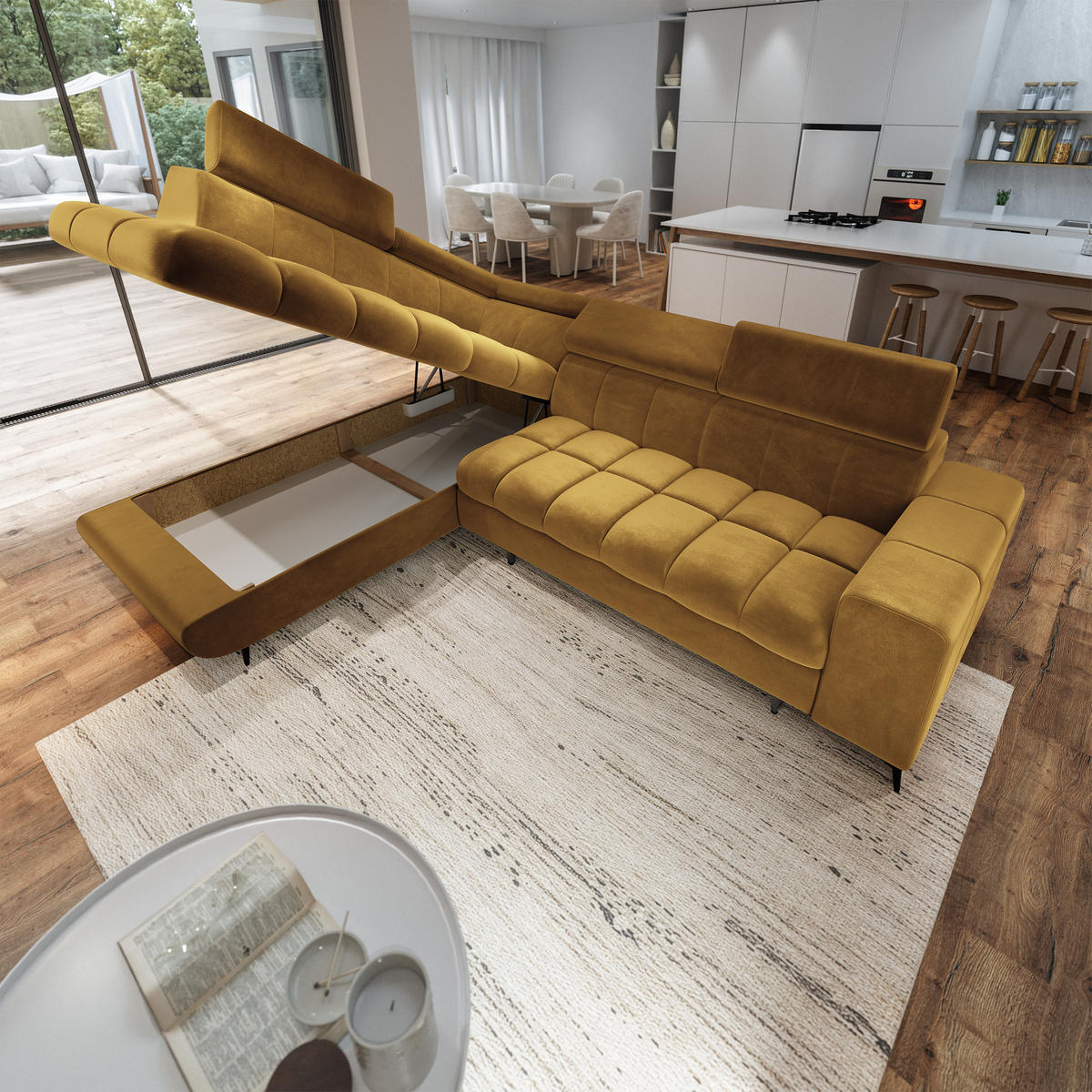 ECKSOFA MORIVA L-S Gelb Velours-Stoff mit Schlaffunktion - Gelb, Holz (253/190cm) - MASSENO