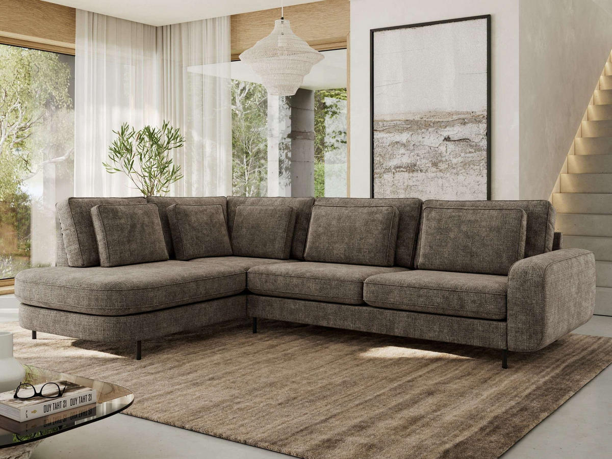ROHOVÁ SEDAČKA CALENO L - Hnědá hladký senil - Pravá Strana - černá/hnědá, kov/textil (317/225cm) - MKS