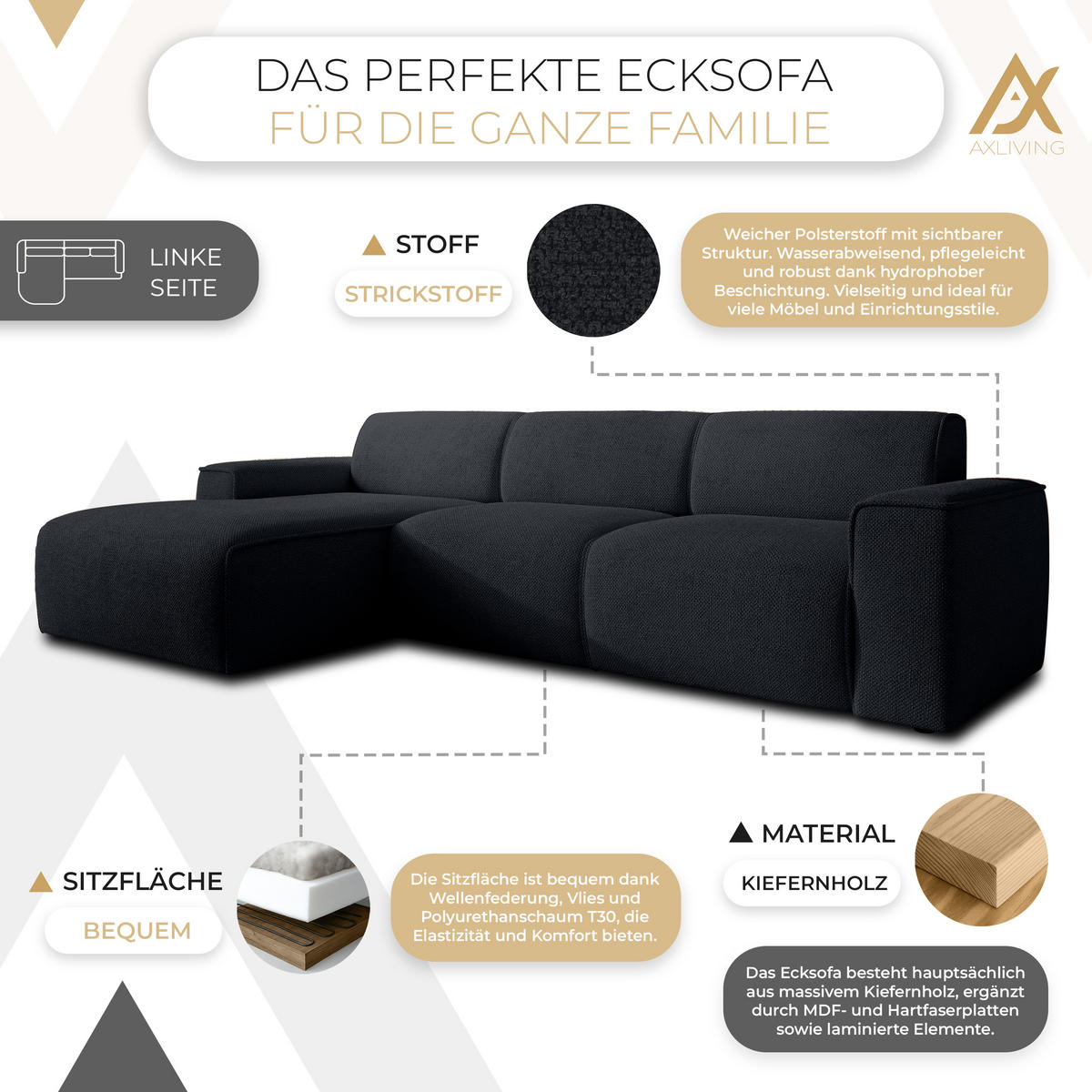 ECKSOFA L Form Didim mini Dunkelgrau 310/165/78 cm – stilvolle kleine Eckcouch L - Schwarz, Kunststoff/Textil (165/310cm) - AX Living