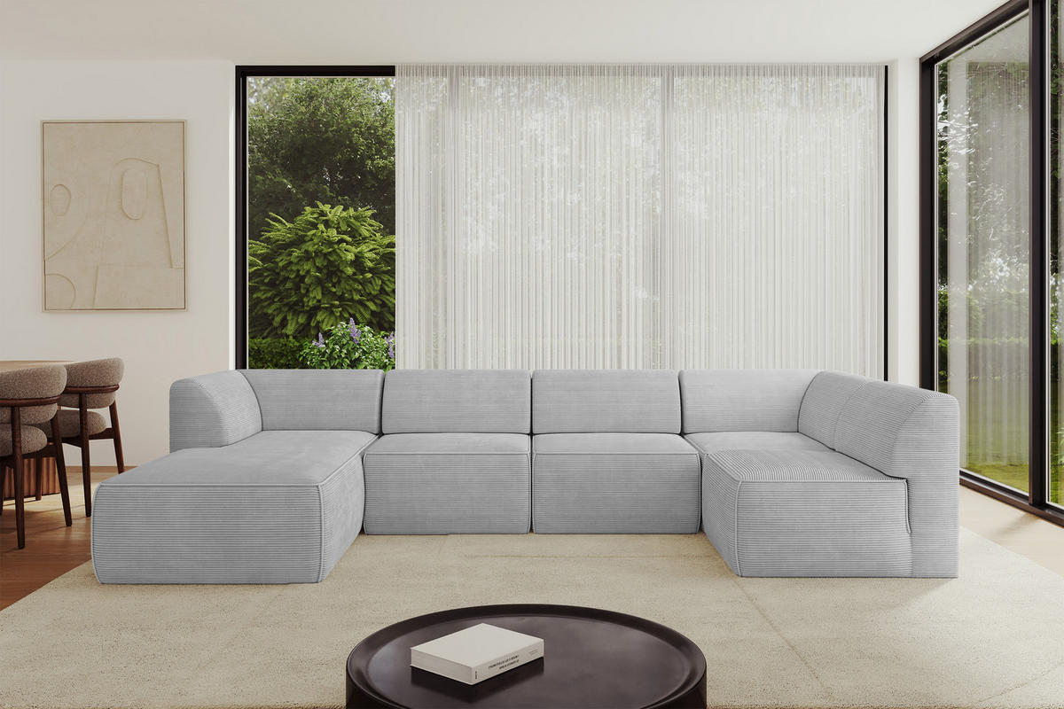 WOHNLANDSCHAFT Ottomane Links MOVO-L 345x180x78 cm Grau Cord - Grau, Holzwerkstoff/Kunststoff (345/78/180cm) - ALTDECOR