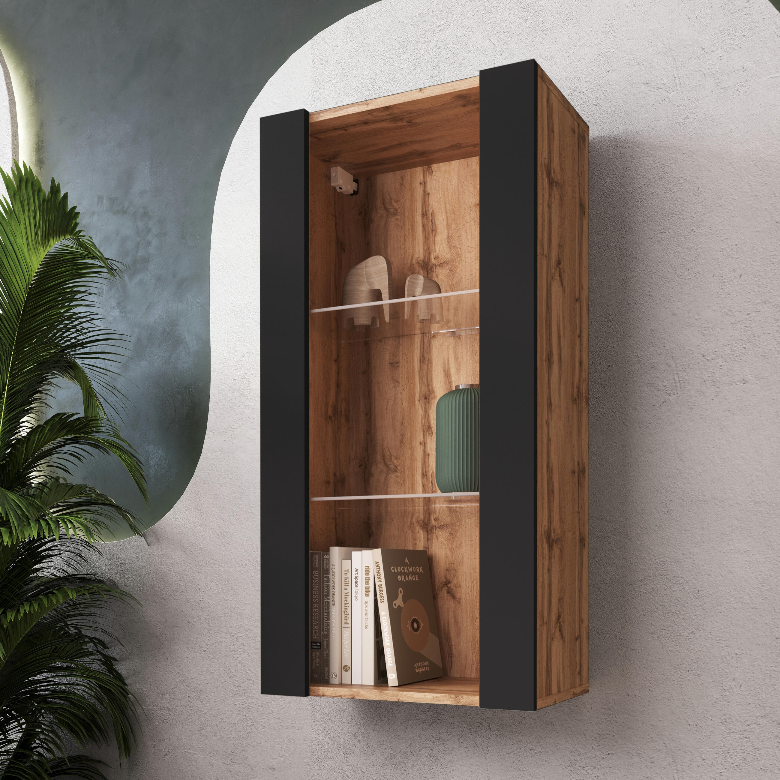 HÄNGEVITRINE TIVOLI Vertical 100, Schwarz - Eiche Wotan/Schwarz, Glas/Holzwerkstoff (50/100/29.5cm) - Komodee