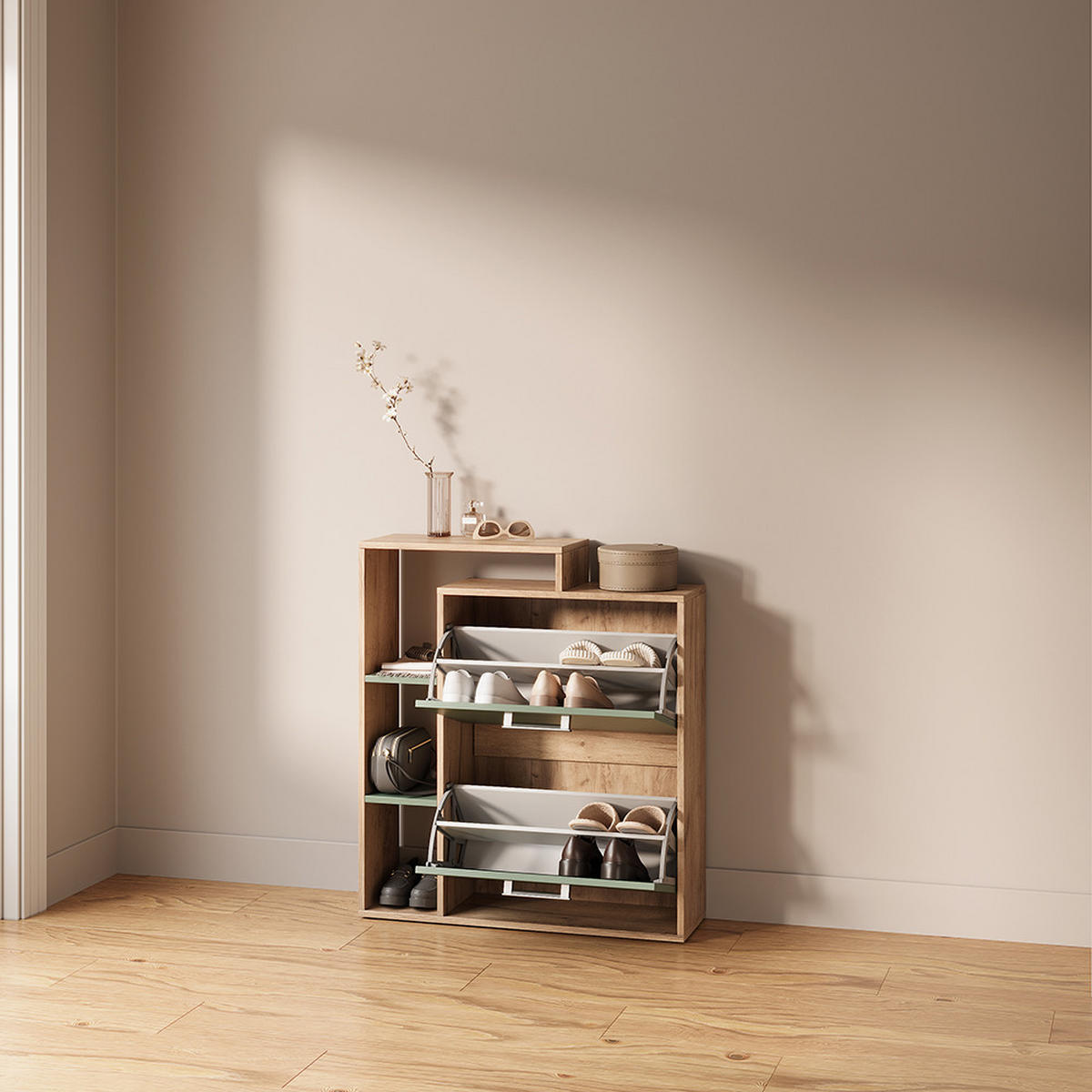 SCHUHKIPPER Ortello Goldkraft Eiche/Grün 80 x 90 cm - Eichefarben/Grün, Holzwerkstoff (80/90/24.2cm) - Livinity®