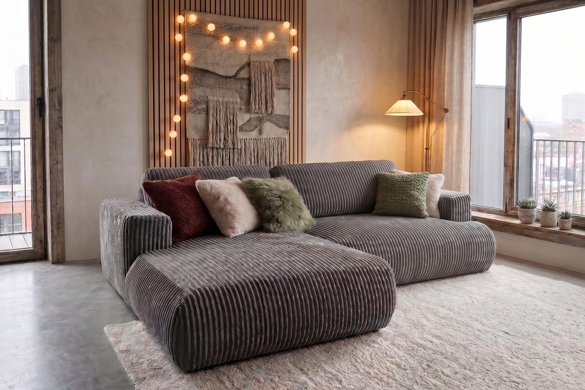 ECKSOFA Luna L links Grau aus Cord - Grau, Textil (271/195cm) - KS Home Concept