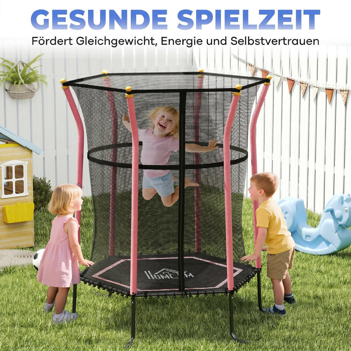 TRAMPOLIN DE-10771 für Kinder, Ø163,5 cm mit Sicherheitsnetz Blau - Pink, Metall (163.5/163.5cm) - ComfortXL