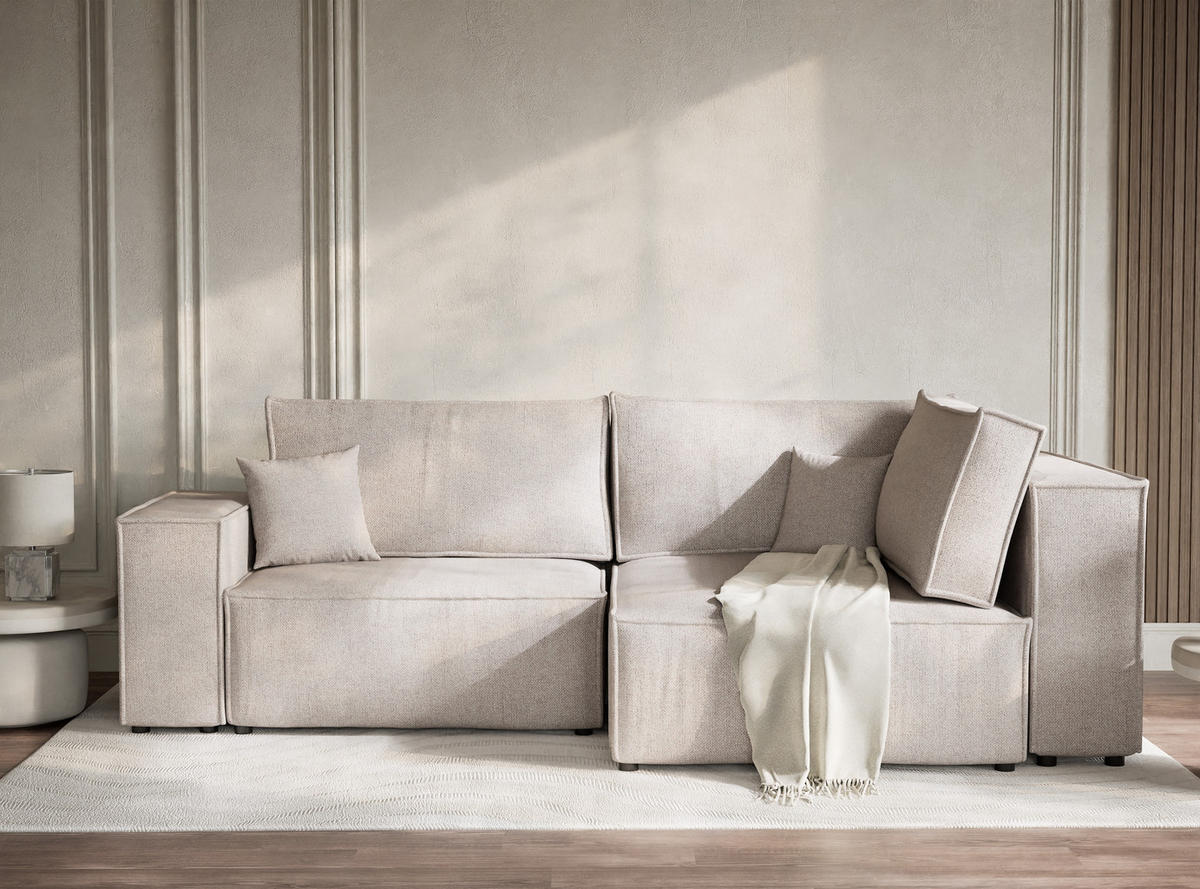 ECKSOFA MIT SCHLAFFUNKTION Tonga Hellbeige Webstoff - Beige/Schwarz, Holz/Holzwerkstoff (255/105cm) - Maison de Reve