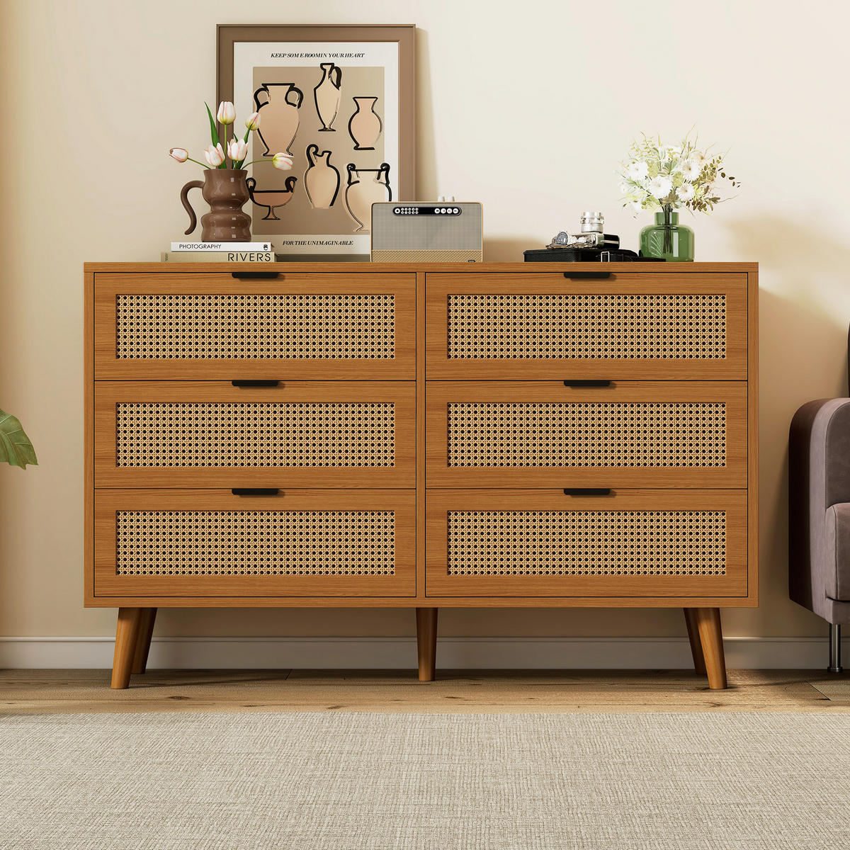 SIDEBOARD in Nussbaumfarben Kommode mit 6 Schubladen und Metallgriffe für Wohnzimmer, B120/T40/H76.5cm - Nussbaumfarben, Holzwerkstoff/Metall (120/76.5/40cm) - STILVORA