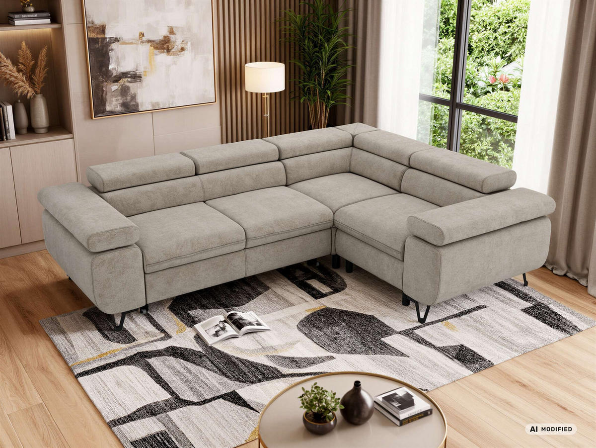 ECKSOFA FALCO L - Greige Stukture - Rechts Seite - Greige/Schwarz, Textil/Metall (268/197cm) - MKS