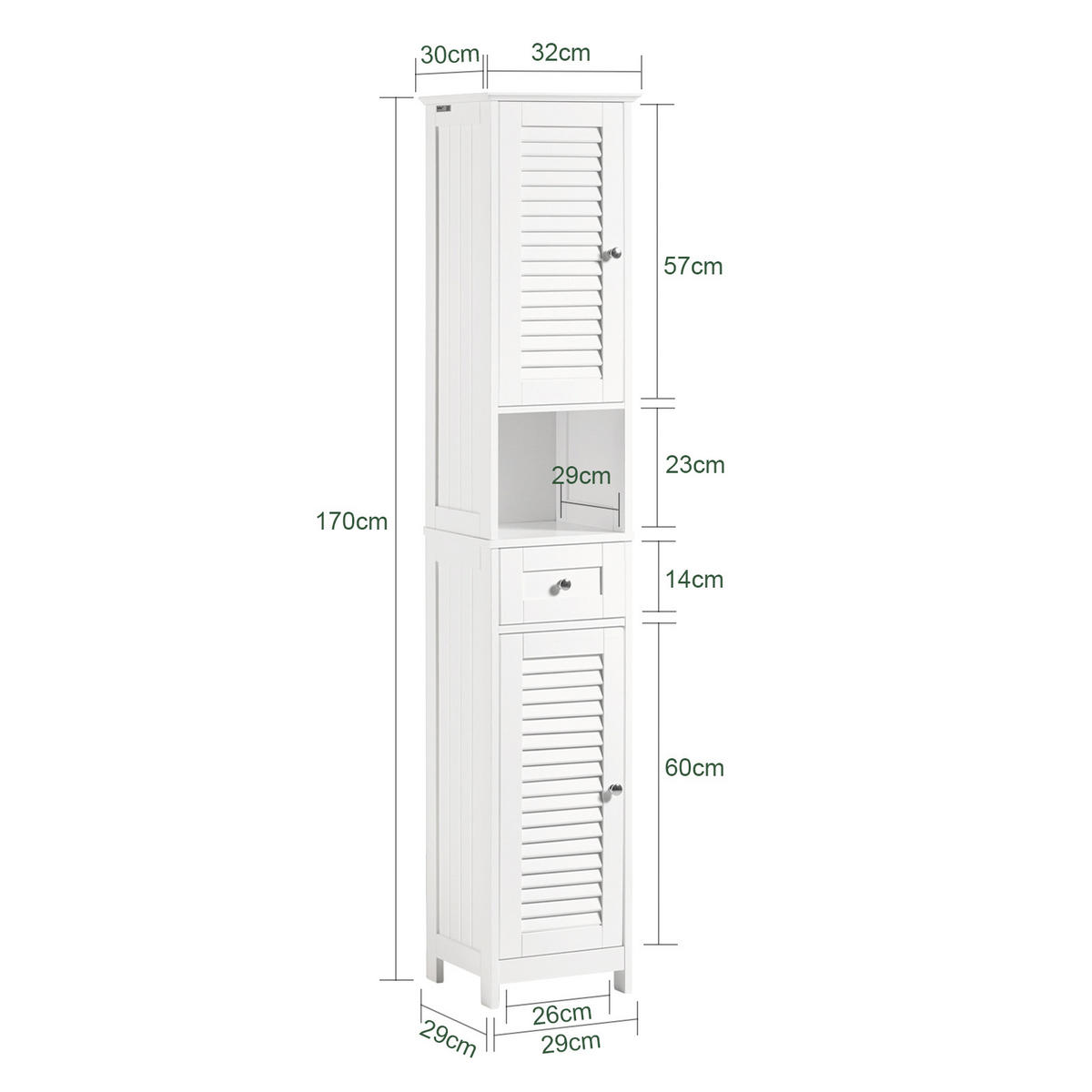 HOCHSCHRANK mit Schubladen 32x170x30cm Weiß - Weiß, Holzwerkstoff (32/170/30cm) - SoBuy