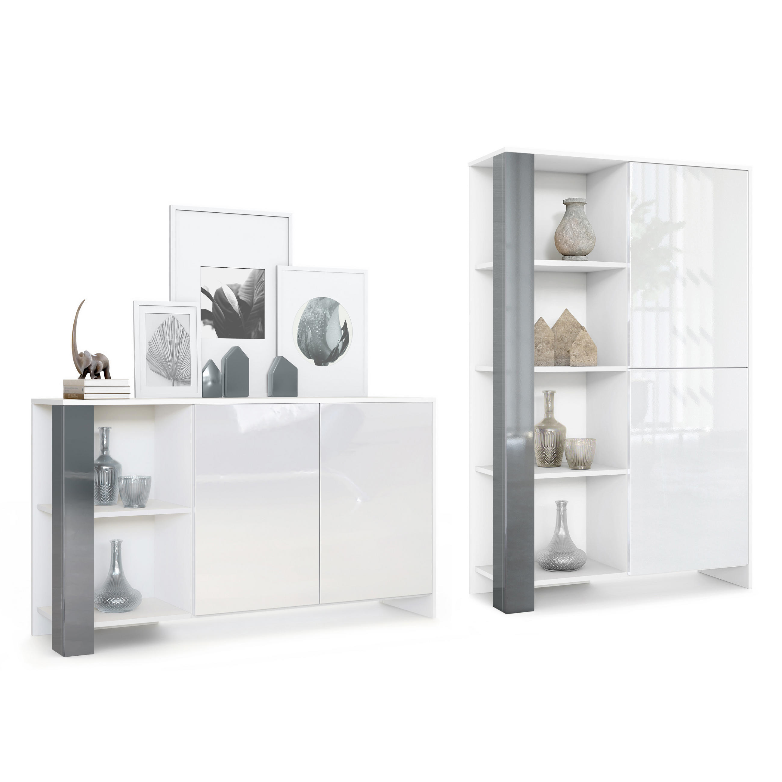 WOHNZIMMERSET Venedig Grau Hochglanz - Grau, Holzwerkstoff (248/151.5/36cm) - Vladon