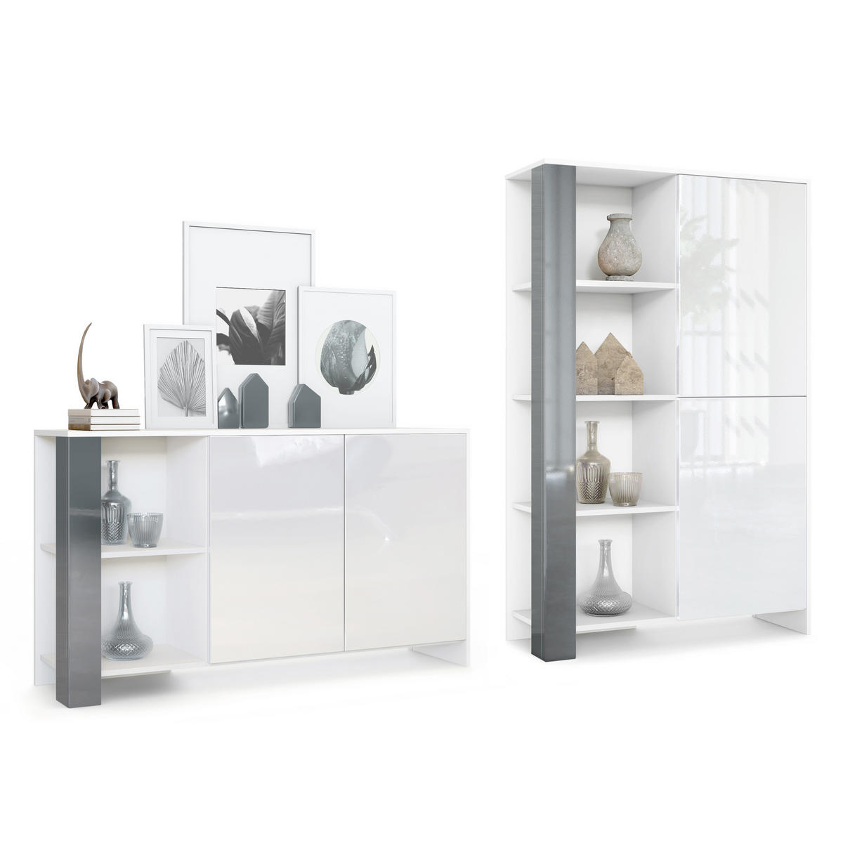 WOHNZIMMERSET Venedig Grau Hochglanz - Grau, Holzwerkstoff (248/151.5/36cm) - Vladon