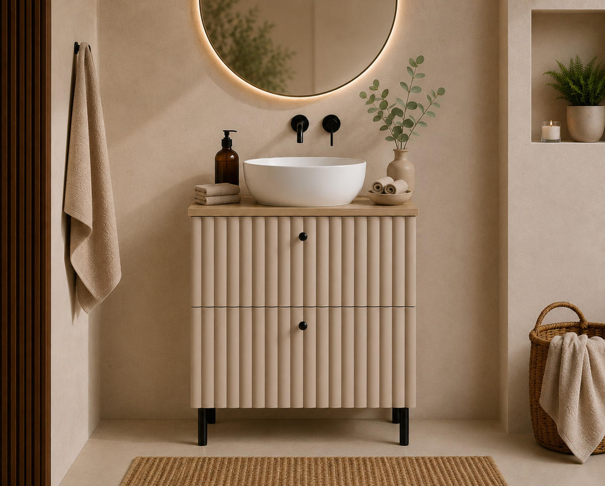 BADEZIMMERSCHRANK: Kaschmir / Platte Helle Eiche / Griffe Schwarz / Beine Schwarz, 60 x 44,4 x 73,6 cm - Kaschmir/Schwarz, Holzwerkstoff (60/73.6/44.4cm) - 3XE LIVING