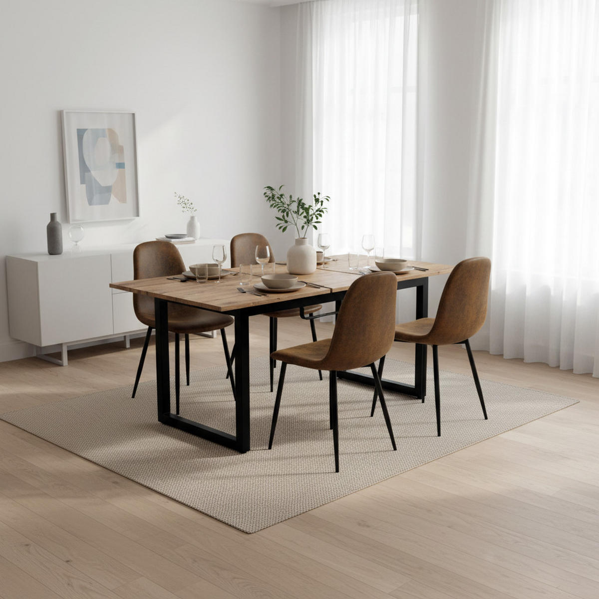 TISCHGRUPPE 5-teilig Ausziehtisch 140–180 cm U-Gestell & 4 Polsterstühle Vintage-Braun - Schwarz/Eiche San Remo, Holzwerkstoff/Textil (180/75/80cm) - Urban Meuble