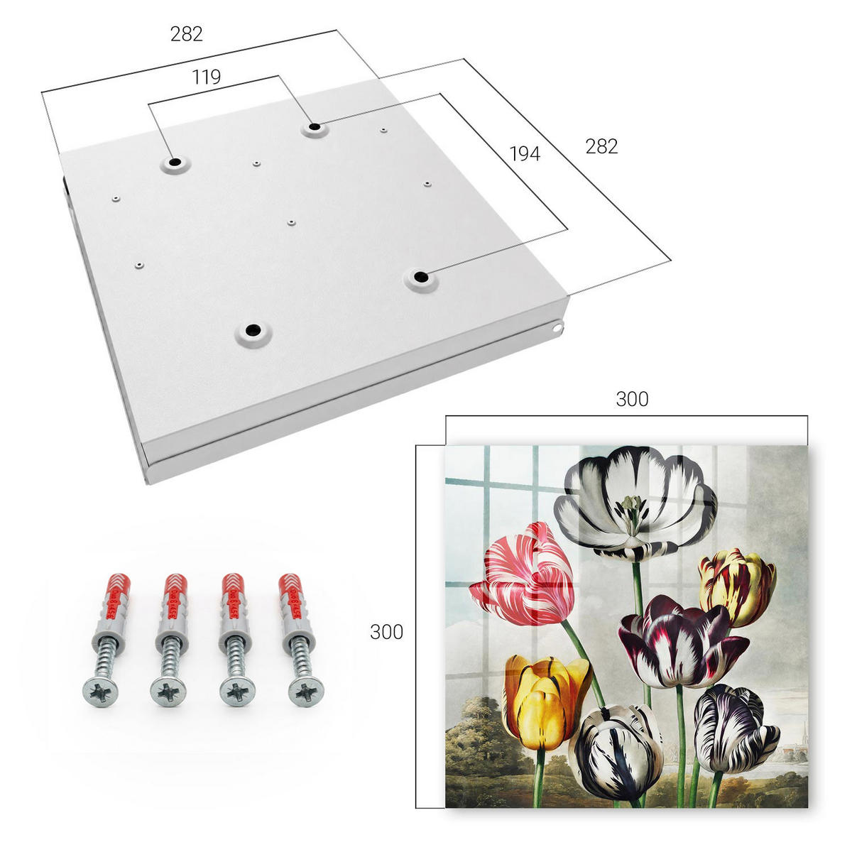 SCHLÜSSELBOX Weiß 30x30 cm – Türöffnung nach rechts - Retro-Tulpen - Rot, Metall (30/30/5cm) - TULUP
