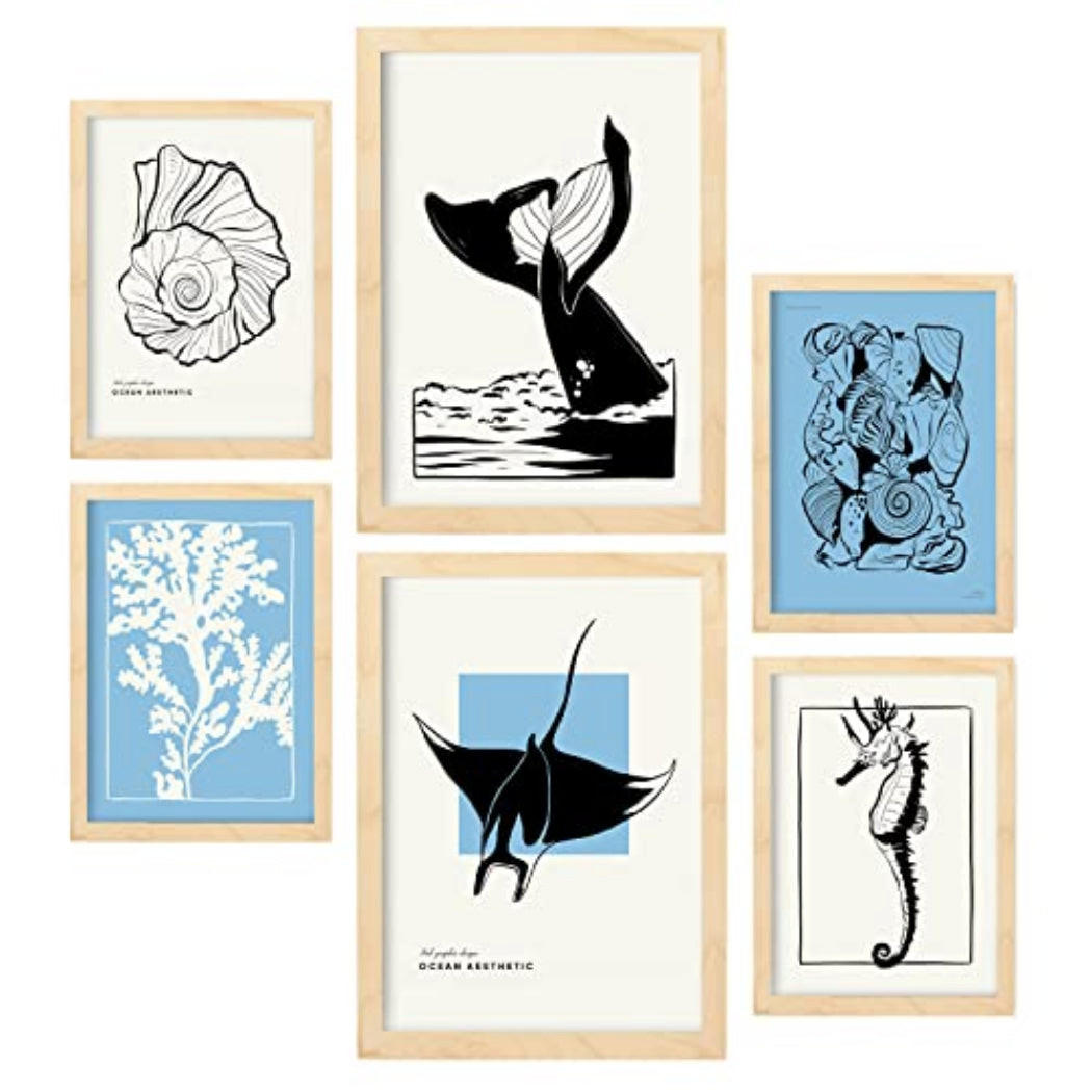 POSTER Set Mit 6 In Schwarzer Tinte Stachelrochen Und Wal Kunstdrucke Von Meer Und Ozean Für Innenarchitektur A3 & A4 Rahmen Aus Hellem Holz - Beige, Papier (29/3cm) - Nacnic