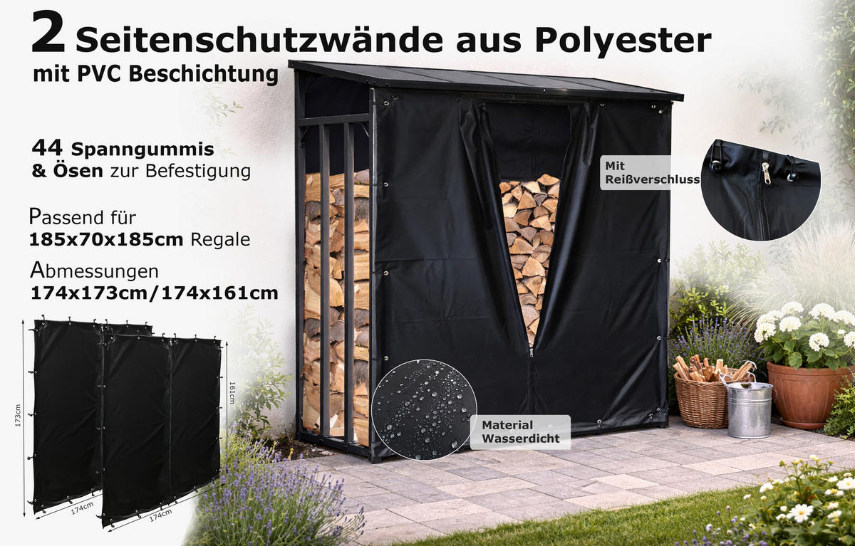 WETTERSCHUTZ Set für Kaminholzregal 185/185 cm Schwarz - Schwarz, Textil (185/185/1cm) - QUICK STAR