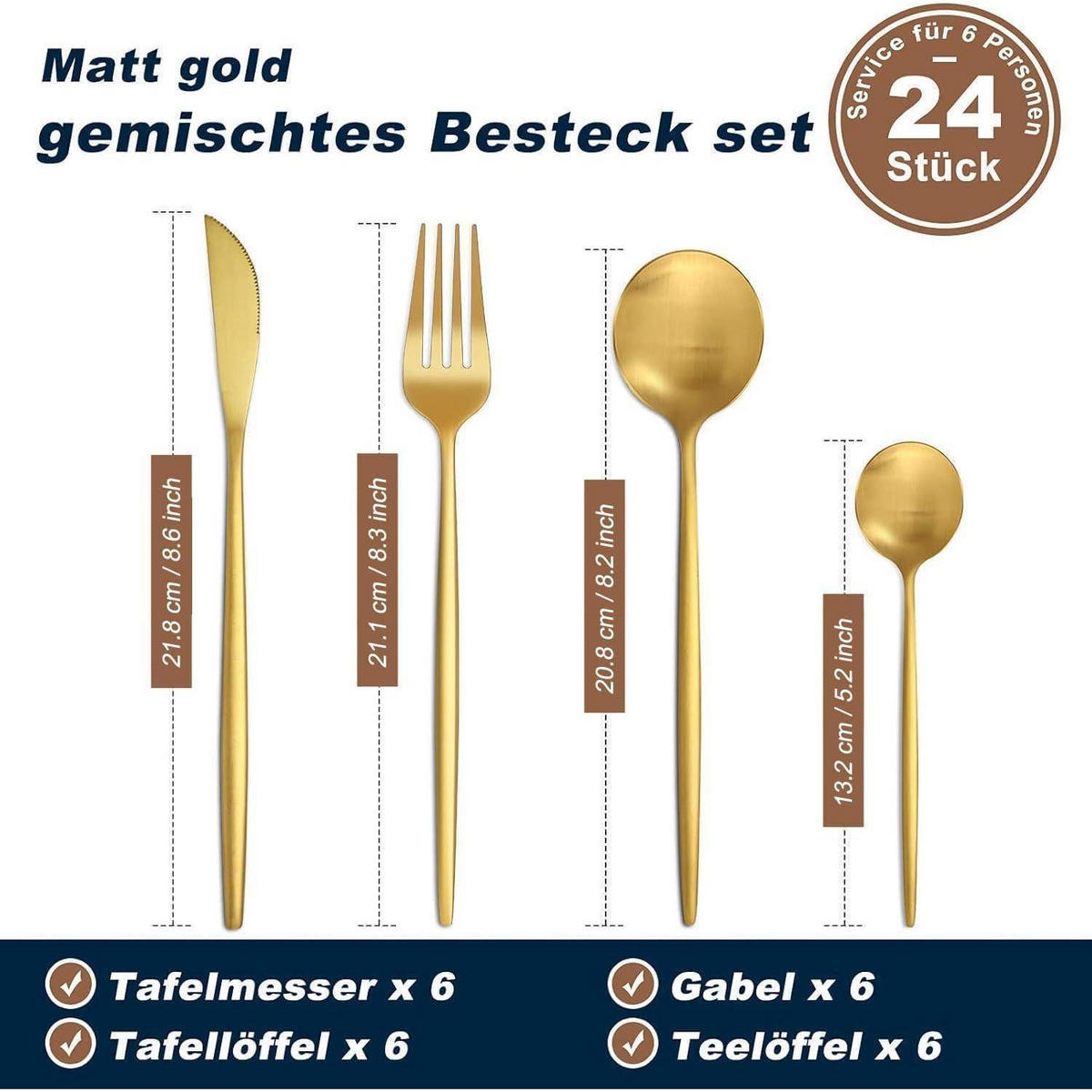 BESTECKSET 24-teilig Matt Gold - Goldfarben, Metall