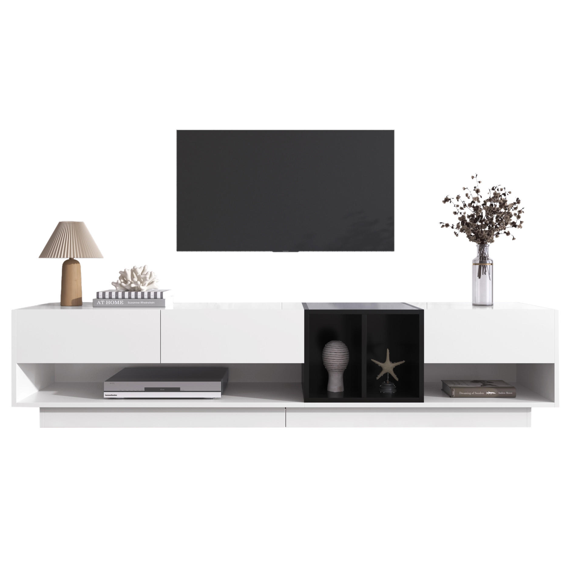 TV-LOWBOARD 190/40/42 cm mit 3 Schubladen und 2 offenen Fächern - Schwarz, Holzwerkstoff (190/42/40cm) - BEAOK