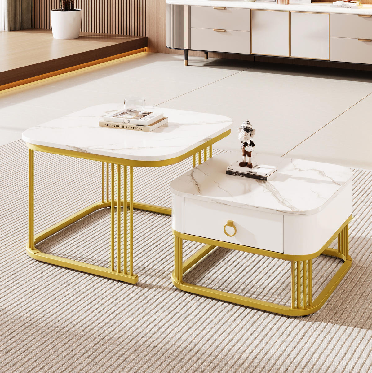 COUCHTISCH 2‑teilig MDF Hochglanz Marmoroptik mit goldenen Metallakzenten und Schublade 60/60/45 + 50/50/34 cm, Weiß und Gold - Weiß, Holzwerkstoff (60/60/45cm) - Redom