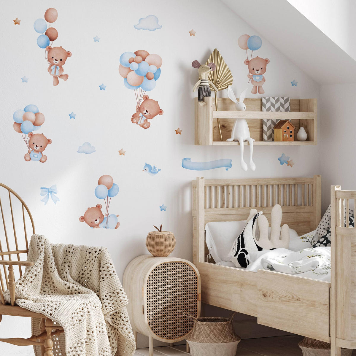 WANDSTICKER Teddybären Ballons Sterne Wolken 60x30 - Beige/Braun, Papier (60/30/1cm) - Muralo