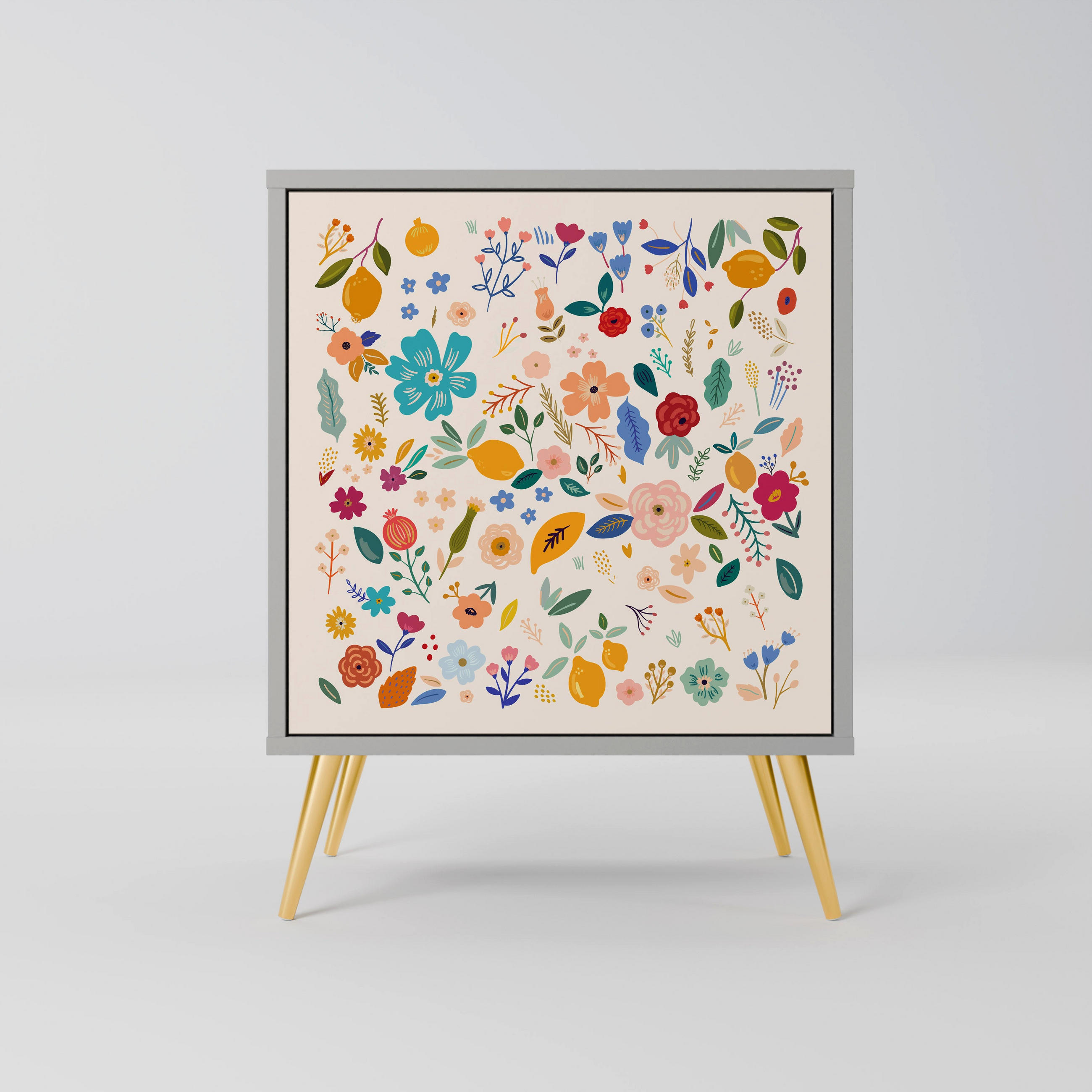 SIDEBOARD FLORAL COMBINATION, Grau, 57,5x42x75,5 cm, Goldfarbene Metallfüße - Goldfarben/Multicolor, Holzwerkstoff/Metall (57.5/75.5/42cm) - SpaceRebels