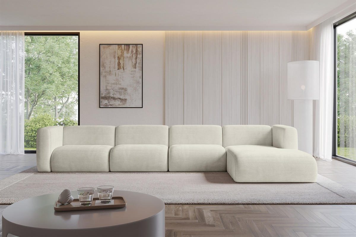 ECKSOFA Ottomane Rechts MIRA-L3 409x179x70 Creme Cord - Ecru/Creme, Holzwerkstoff/Kunststoff (409/179cm) - ALTDECOR