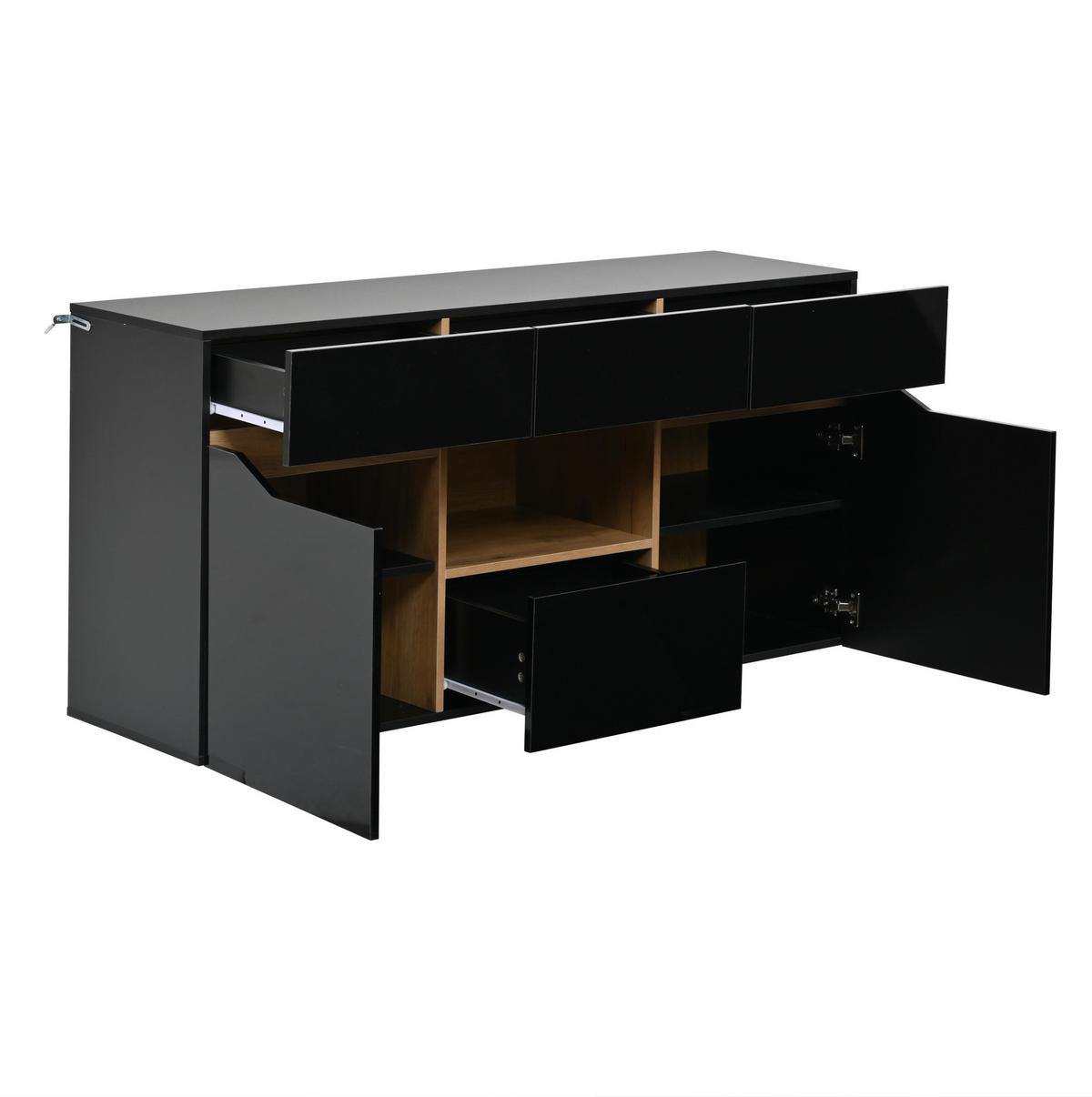 SIDEBOARD 140/40/70 cm mit LED-Beleuchtung, 4 Schubladen und 2 Türen, Hochglanz-Front, Schwarz/Naturholz - Schwarz, Holzwerkstoff (140/70/40cm) - Redom