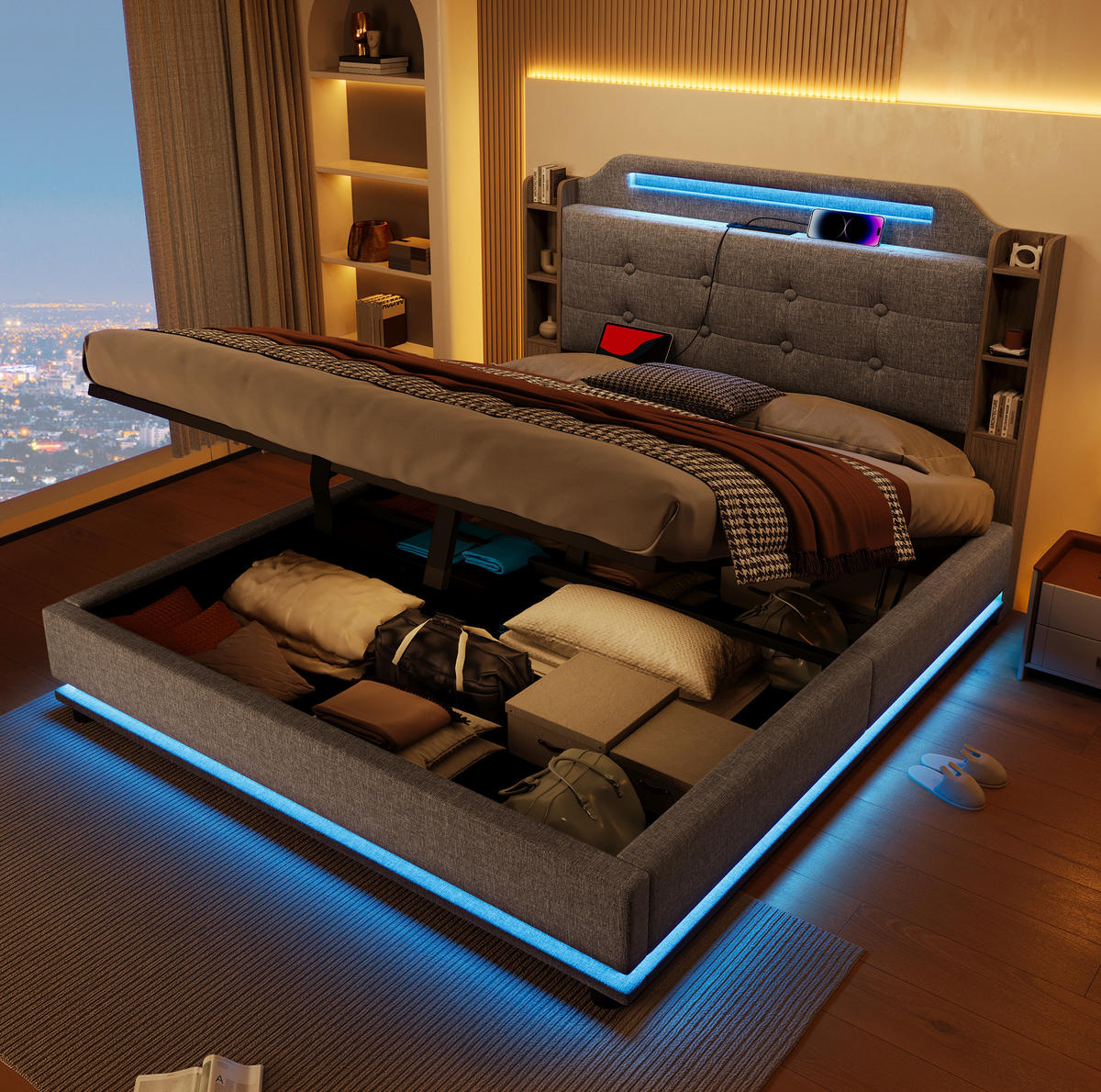 ČALOUNĚNÁ postel 140/200 cm z lnu šedá s LED osvětlením a hydraulickým úložným prostorem - šedá, textil (140/200cm) - BEAOK
