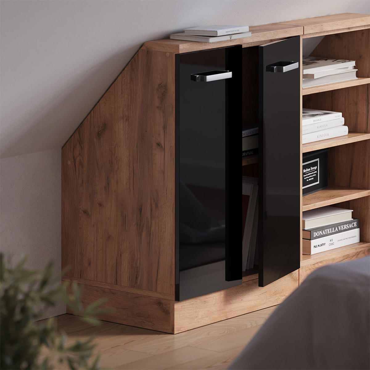 DACHSCHRÄGENSCHRANK Rion Schwarz Hochglanz mit 2 Türen - Schwarz Hochglanz, Holzwerkstoff (60/81.6/46cm) - Vicco