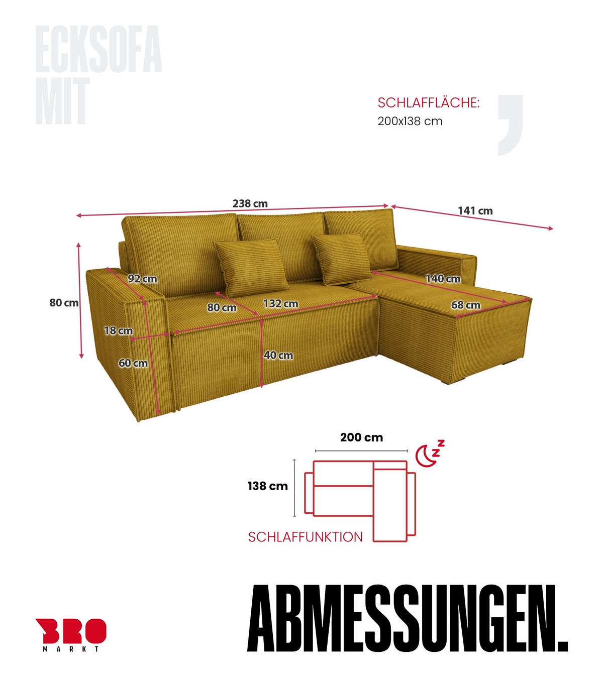 ECKSOFA Dexter mit Schlaffunktion Gelb Cord - Gelb, Textil (238/141cm) - Bromarkt