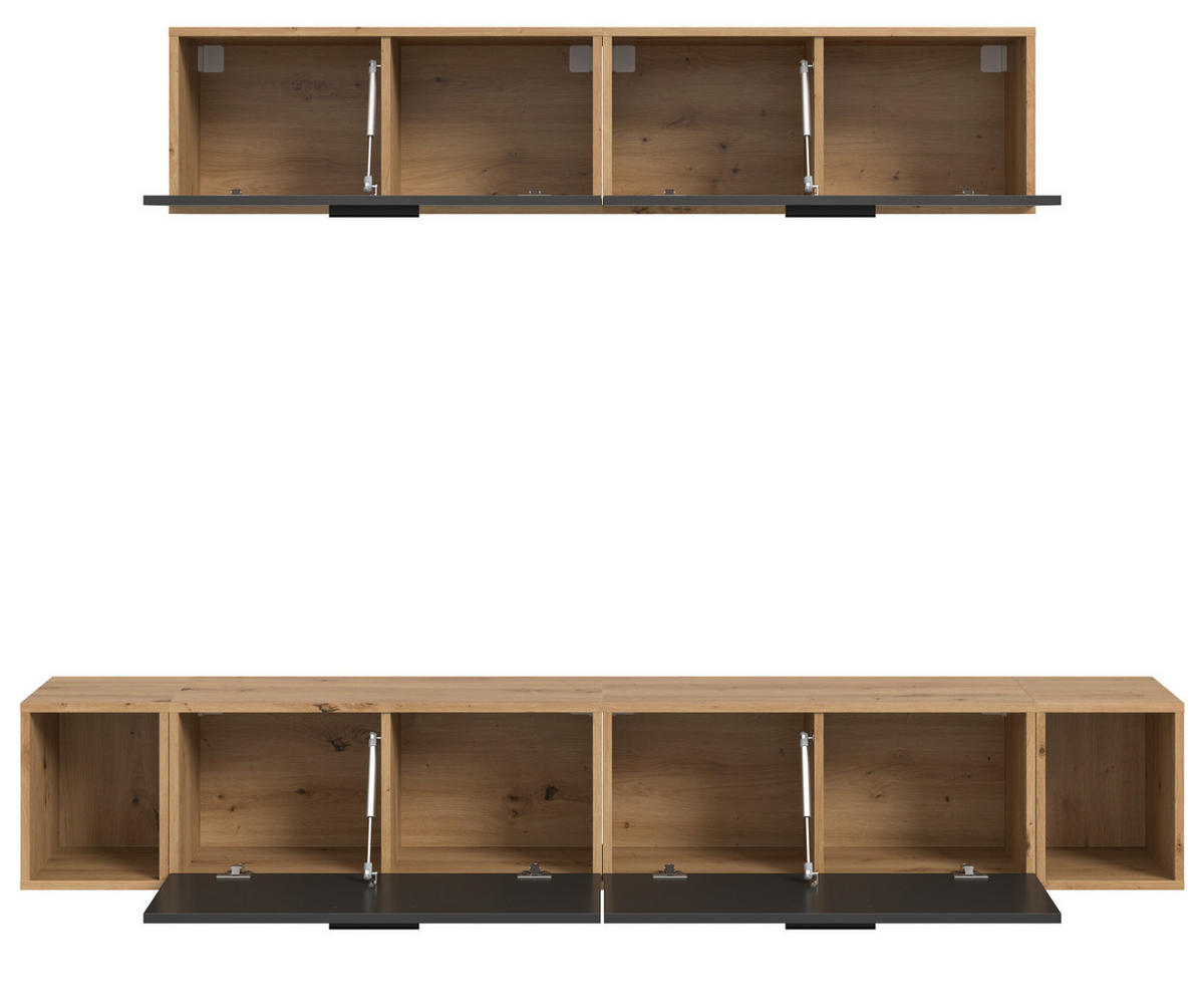 WOHNWAND grau, Eiche Artisan 202 cm, Schrankwand mit Soft-Close - Schwarz/Eiche Artisan, Holzwerkstoff/Kunststoff (202/184/34cm) - Inn.Furn