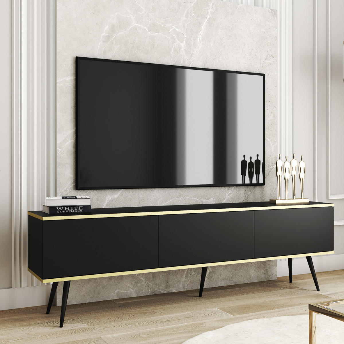 TV-LOWBOARD FORNO (Schwarz, Goldene Details, 3 Türen, schwarze Metallfüße, 175 cm) - Schwarz, Holz/Holzwerkstoff (175/53/32cm) - Ravio