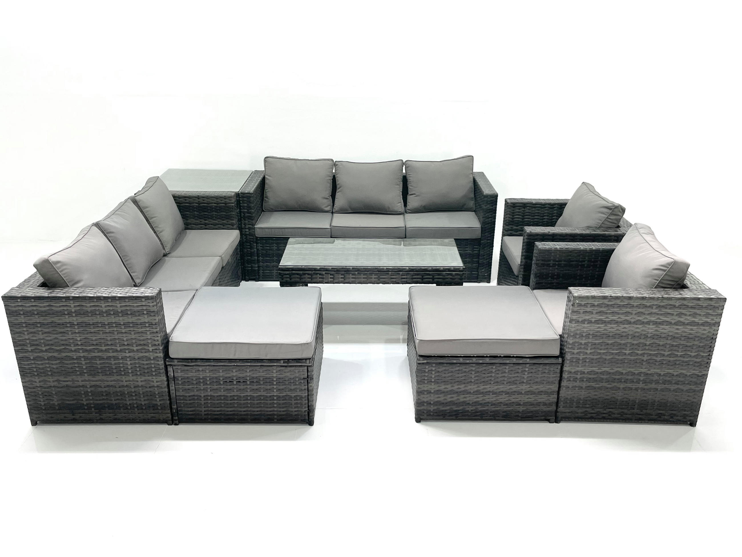 GARTENMÖBEL COUCHTISCH SET mit Sofa Polyrattan Outdoor 10-Sitzer - Dunkelgrau/Grau, Glas/Kunststoff - Fimous