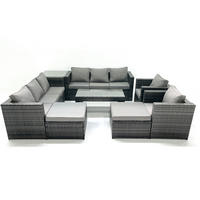 GARTENMÖBEL COUCHTISCH SET mit Sofa Polyrattan Outdoor 10-Sitzer - Dunkelgrau/Grau, Glas/Kunststoff - Fimous