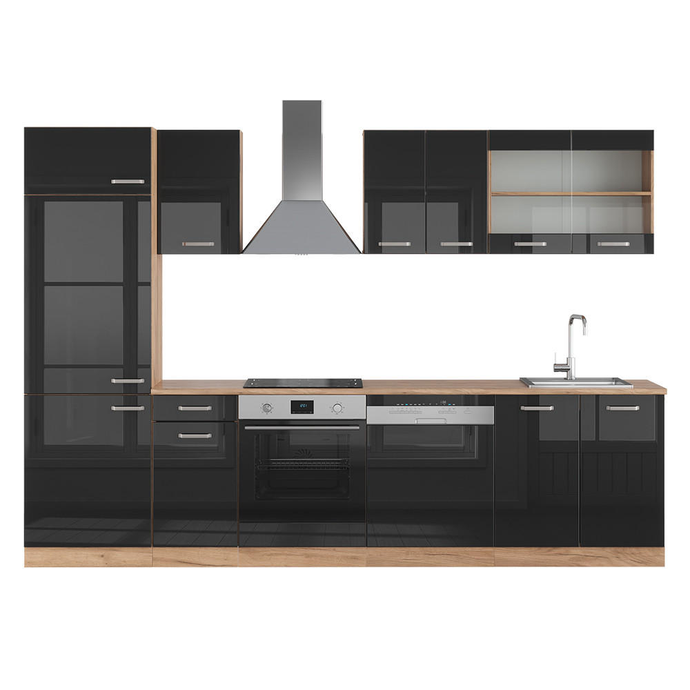 KÜCHENZEILE R-Line Schwarz Hochglanz/Goldkraft Eiche 300 cm ohne AP - Schwarz Hochglanz/Eiche Wotan, Holzwerkstoff (300/81.6/46cm) - Vicco