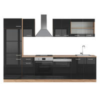 KÜCHENZEILE R-Line Schwarz Hochglanz/Goldkraft Eiche 300 cm ohne AP - Honigeiche/Schwarz Hochglanz, Holzwerkstoff (300/81.6/46cm) - Vicco