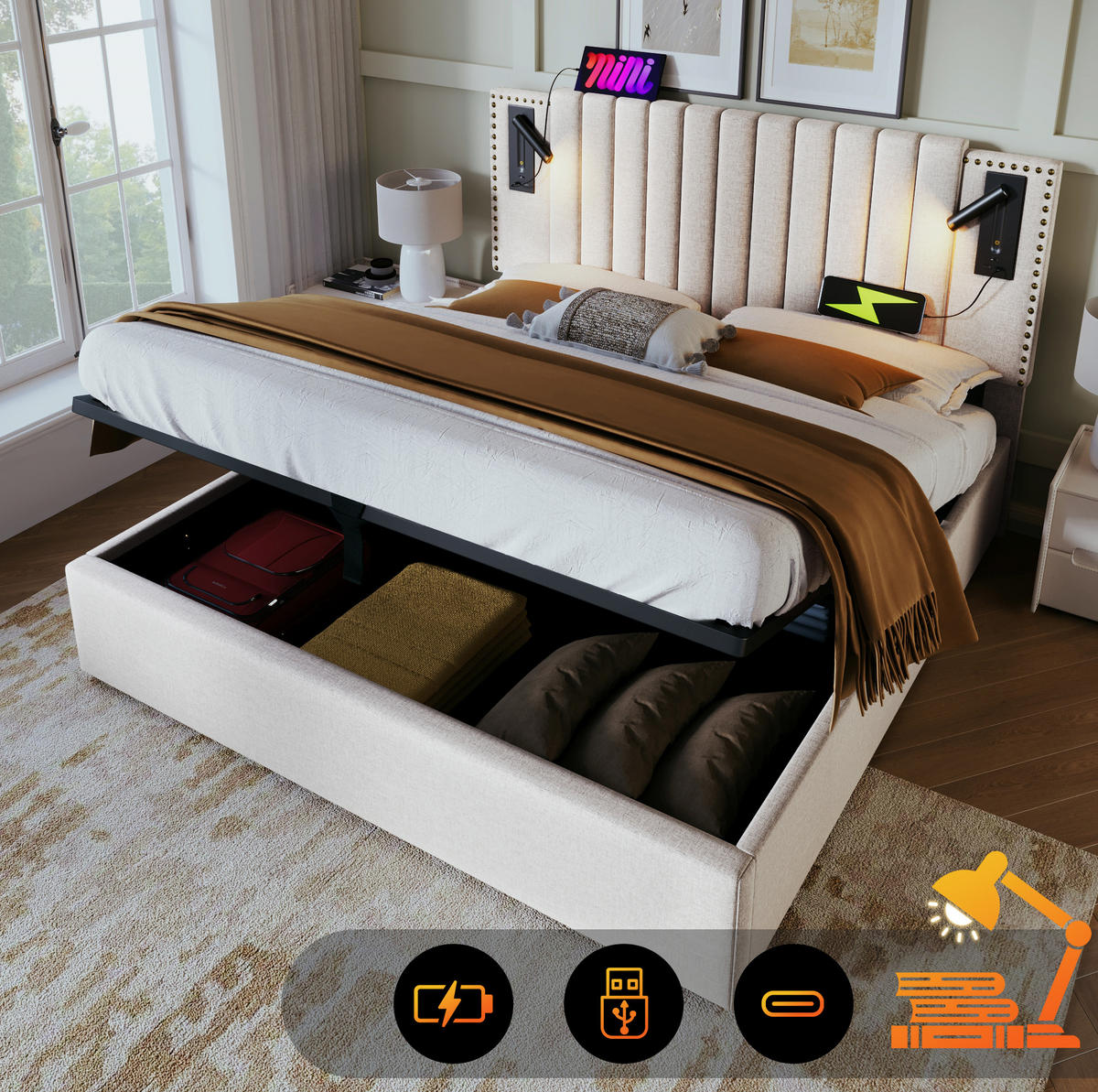 POLSTERBETT 140/200 cm Beige mit Bettkasten, LED und USB ohne Matratze - Beige, Textil (140/200cm) - MIVRAY
