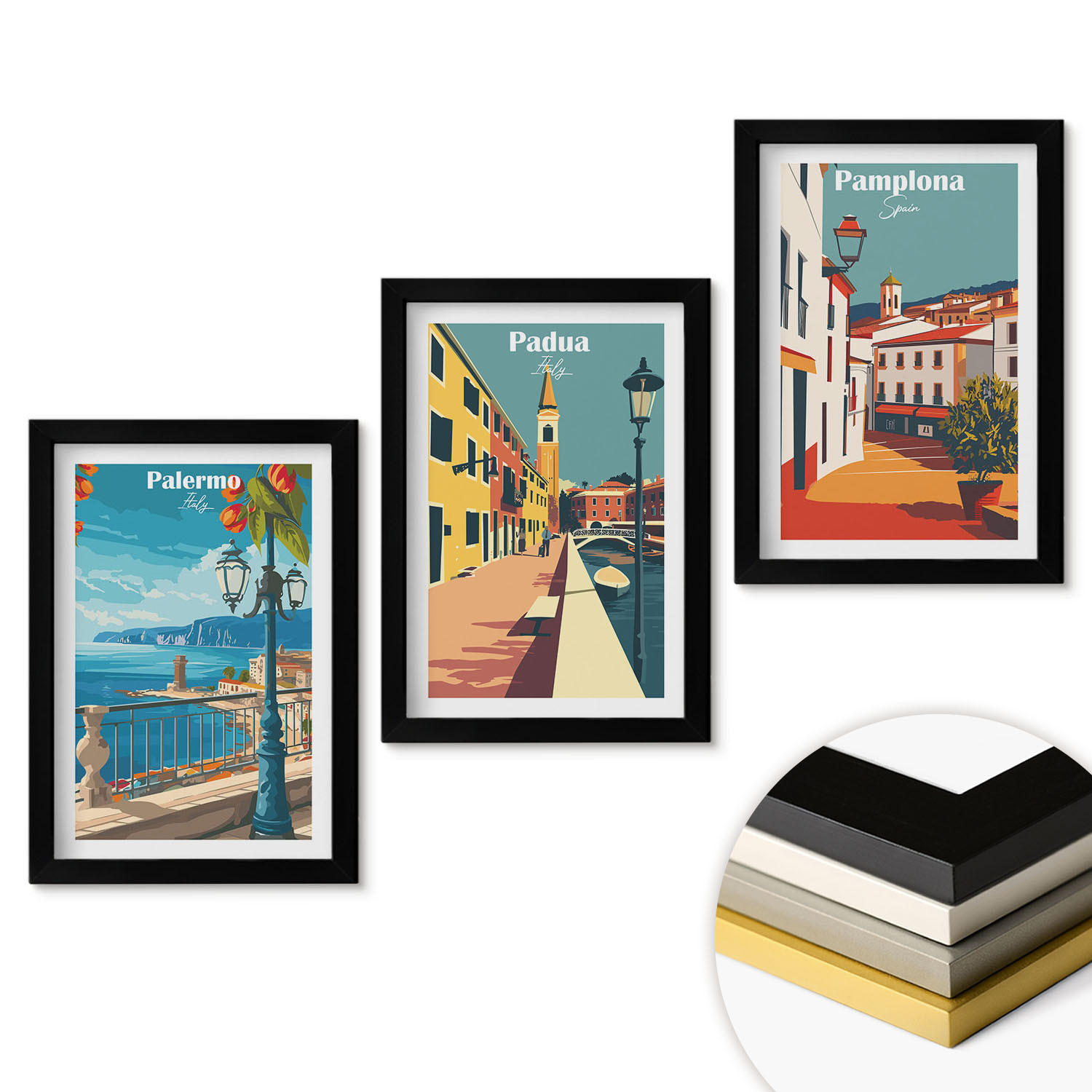 WANDBILDER 3er-Set - 20x30 cm Schwarzer Rahmen - Retro-Stadtillustrationen - Schwarz, Kunststoff (20/30cm) - ArtPrintCave