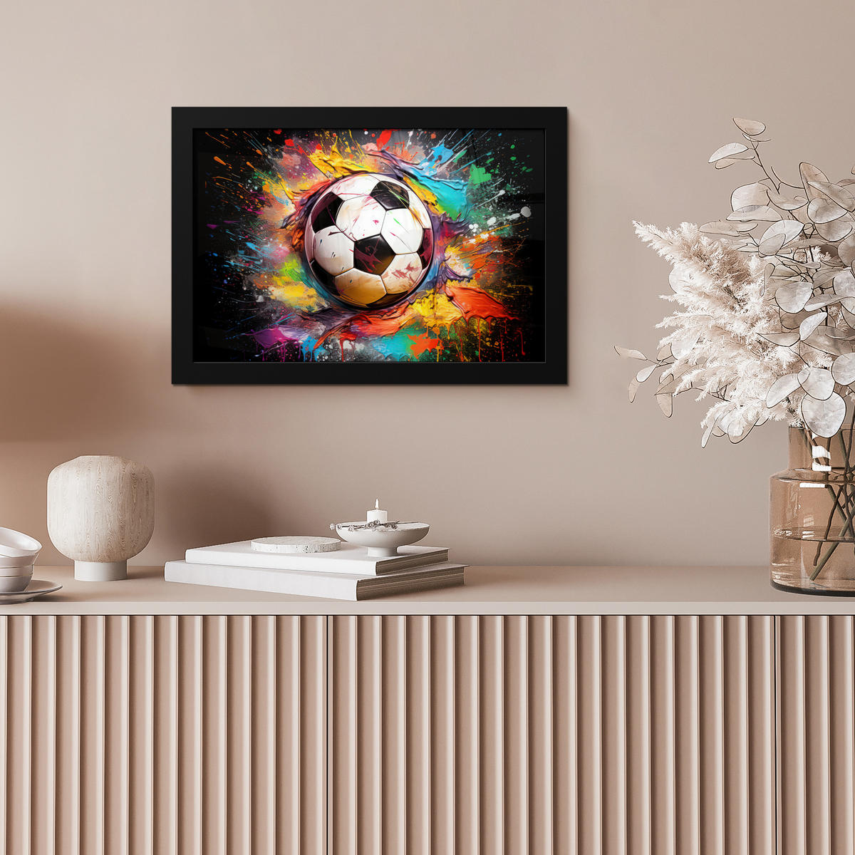 POSTER MIT RAHMEN Fußball - Farbe - Farben - Schwarz - Weiß 30x20 cm - Weiß, Papier (30/20cm) - MuchoWow