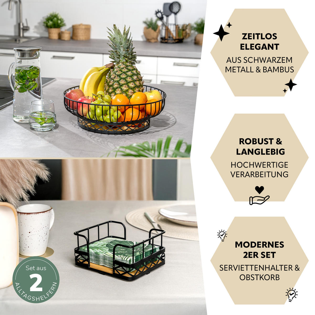OBSTKORB mit Serviettenhalter, Bambus, Metall, schwarz - Schwarz, Metall (34/10.5cm) - bremermann