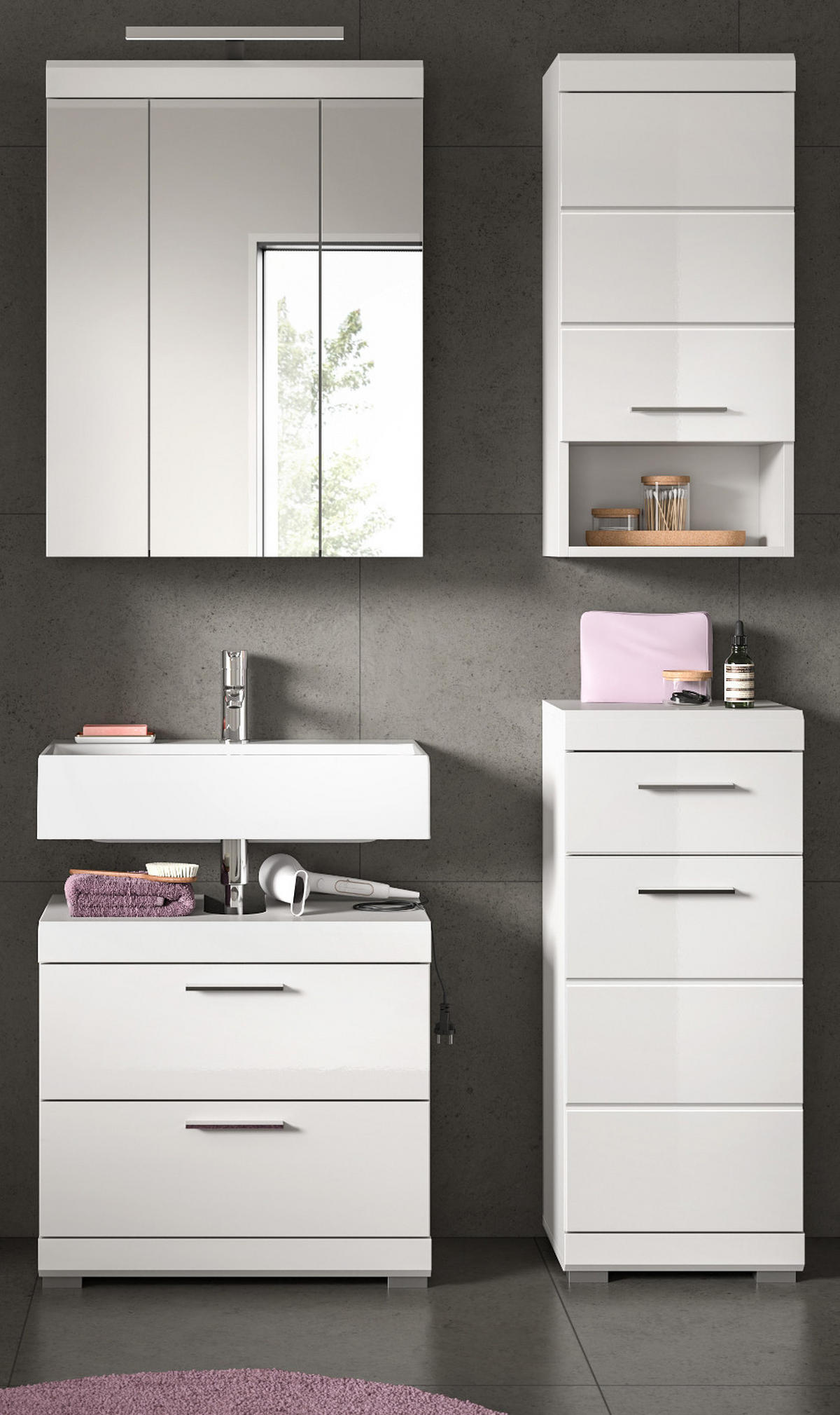 BADMÖBEL-SET weiß Hochglanz 4-teilig 112 cm, Komplettset mit viel Stauraum - Weiß Hochglanz, Glas/Holzwerkstoff (112/191/37cm) - Inn.Furn