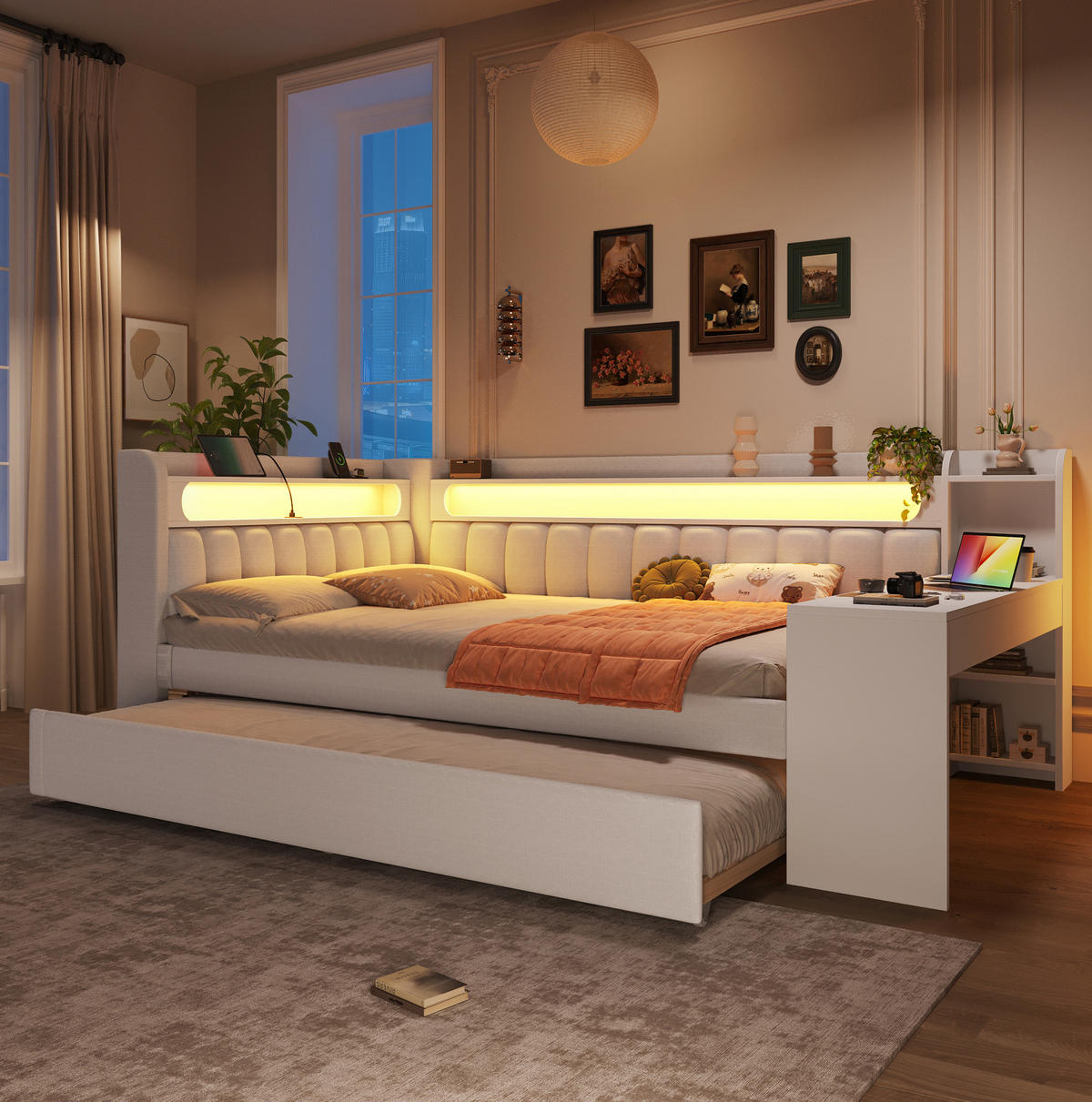 POLSTERBETT aus MDF 140x200 cm Weiß mit LED-Beleuchtung, USB-Anschluss, Ausziehbett und Schreibtisch - Weiß, Holzwerkstoff (140/200cm) - Modfu
