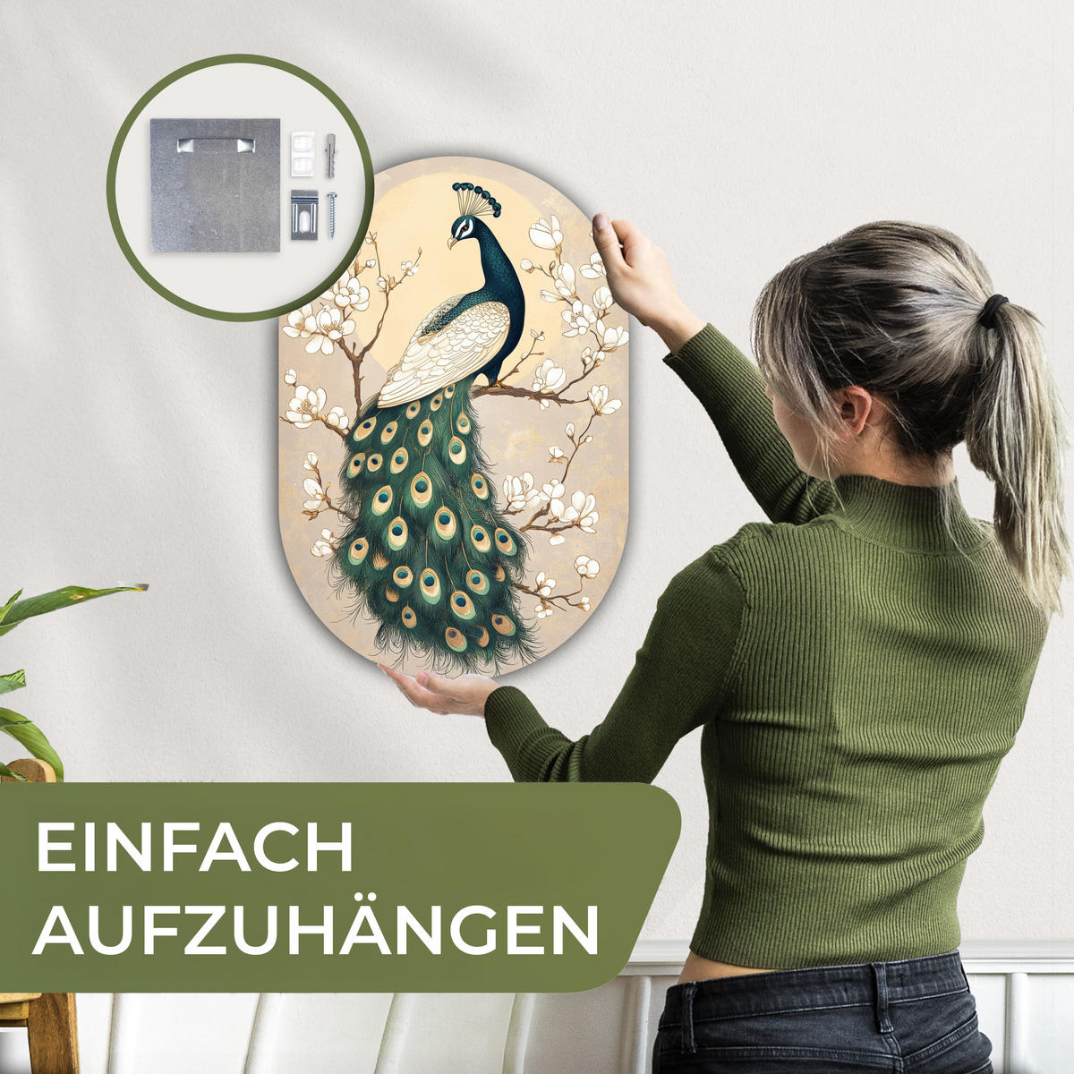 WANDBILD Pfau - Zweig - Blumen 40x60 cm - Champagner, Kunststoff (40/60cm) - MuchoWow