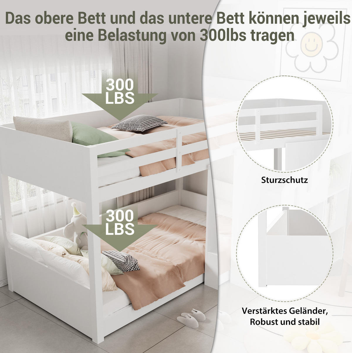 ETAGENBETT 90/200 cm mit Stauraumtreppe und Schließfächern, stabilem Geländer, Massivholz, Weiß - Weiß, Holz (90/200cm) - Redom
