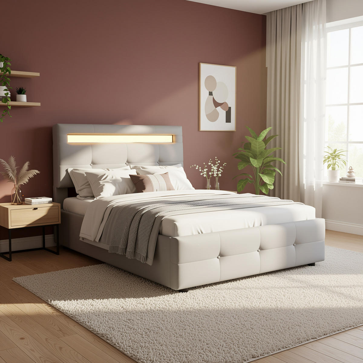 POLSTERBETT 90x200 cm in Leinen-Optik Grau mit LED-Beleuchtung & 2 Schubladen - Grau, Textil (90/200cm) - Urban Meuble