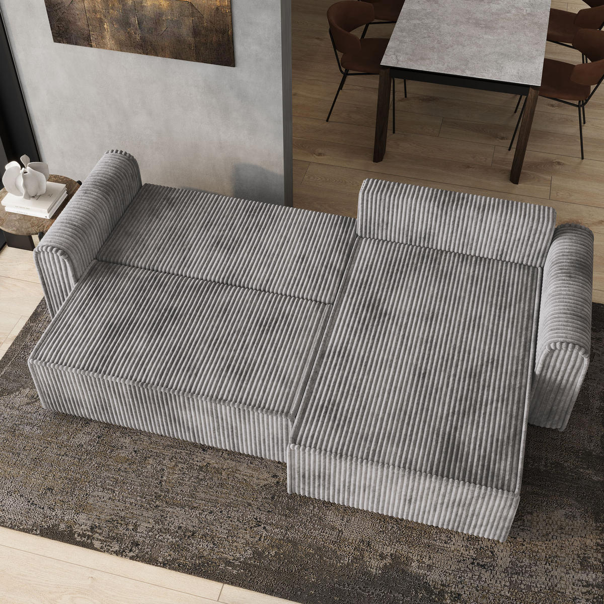 ECKSOFA VALTINO Hellgrau Kordstoff mit Schlaffunktion - Hellgrau, Holz (275/148cm) - MASSENO