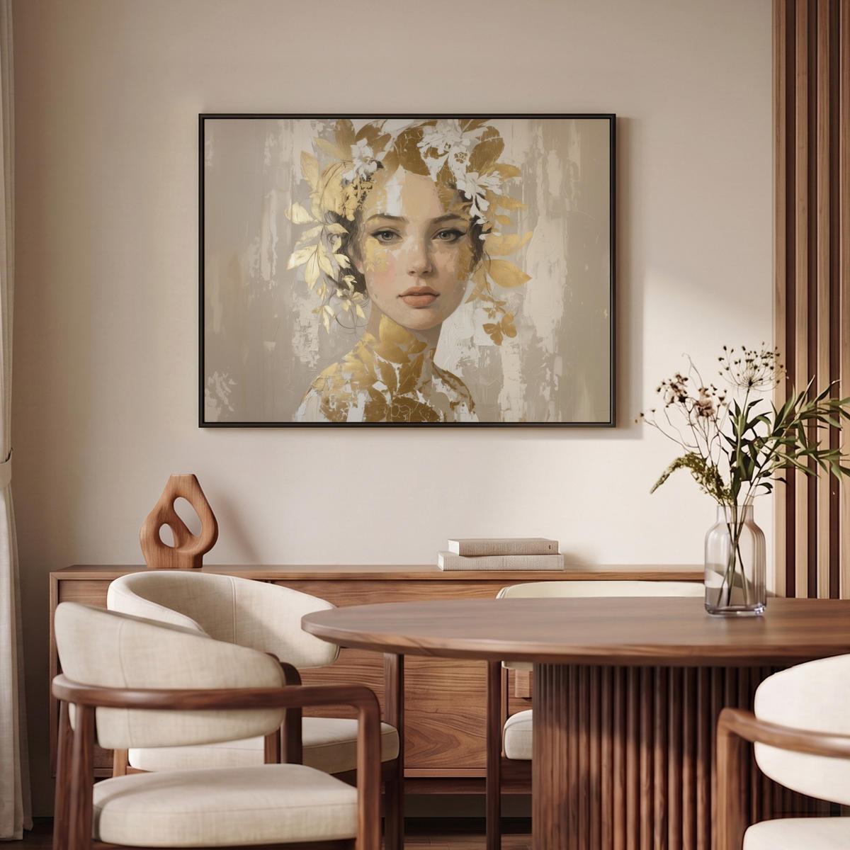 LEINWAND Bilder mit Rahmen - Gesicht - Frau - Blätter - Gold - 100x70 - Beige, Textil (100/70cm) - MuchoWow