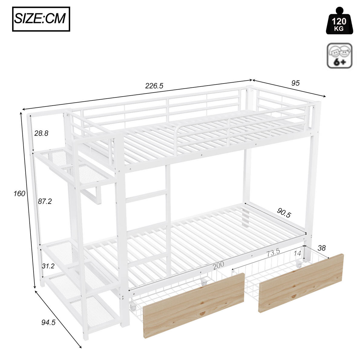 POSCHODOVÁ posteľ, 90/200 cm, kov biela, s LED osvetlením a 2 zásuvkami - biela, kov (90/200cm) - BEAOK