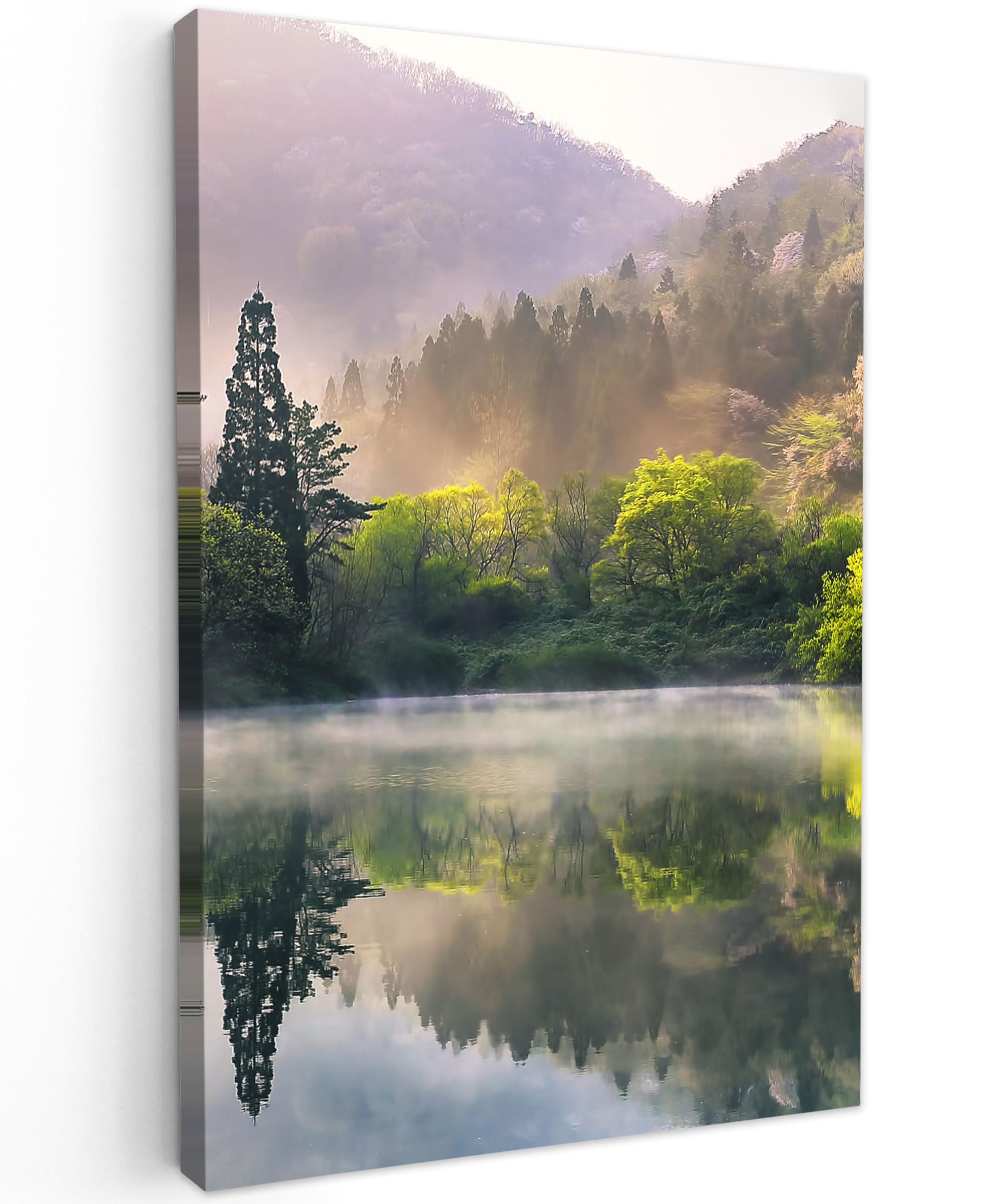 OBRAZ NA PLÁTNĚ Příroda - Stromy - Hory - Jezero - Voda 90x140 cm - světle zelená, textil (90/140cm) - MuchoWow
