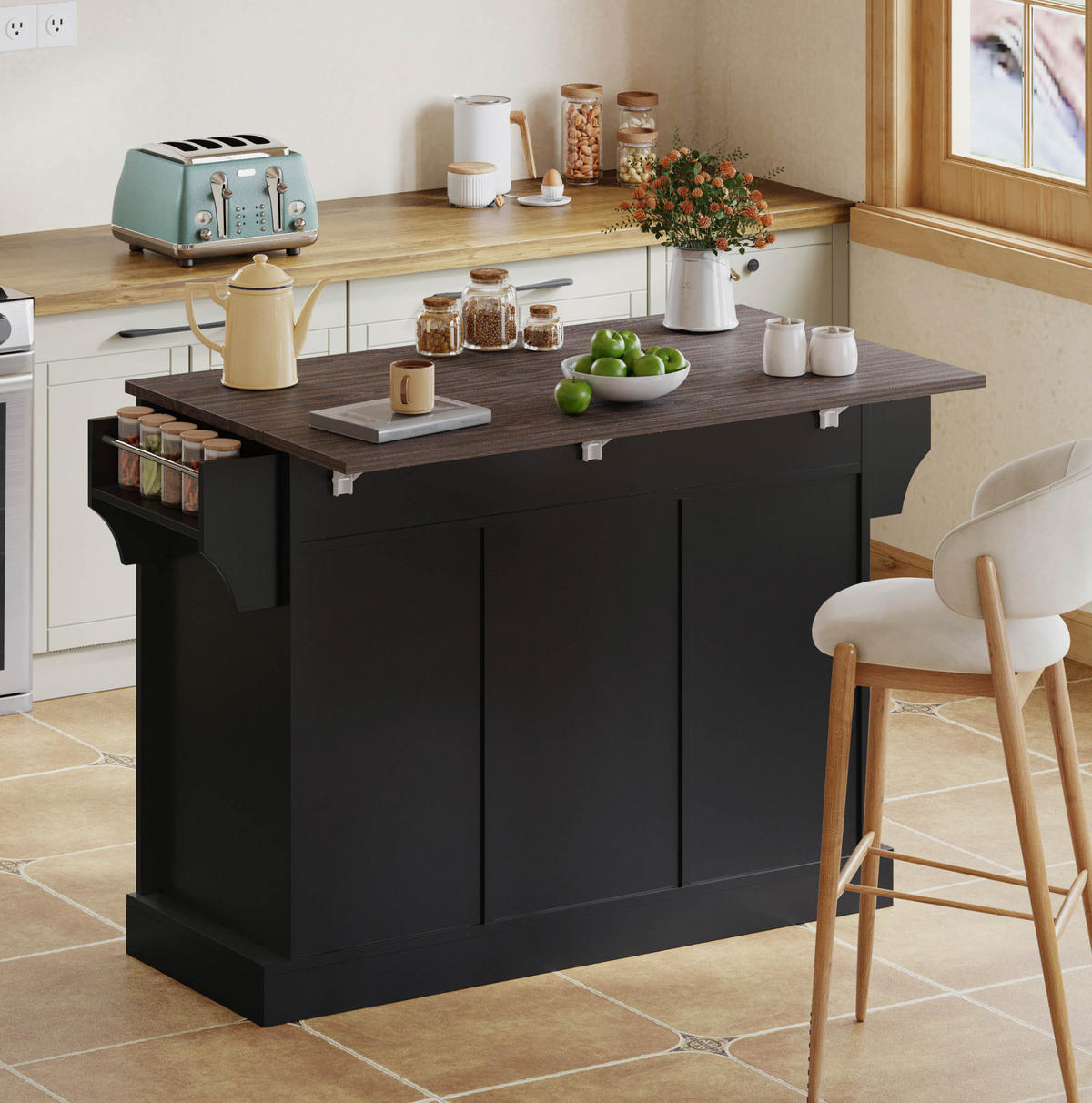 KÜCHENINSEL 120/45(70)/91 cm mit klappbarer Arbeitsplatte, Schiebetüren und Rollen aus MDF, Schwarz - Schwarz, Holzwerkstoff (120/91/70cm) - Redom